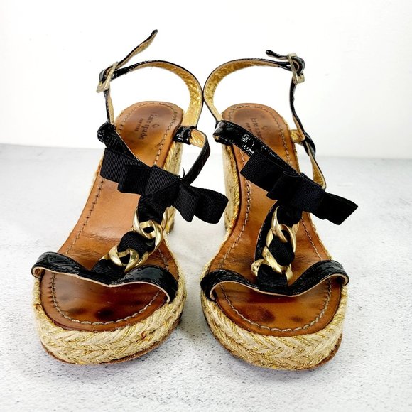 KATE SPADE Wedge Black Leather Espadrilles Sandals 8 Gold Chain Open Toe - Picture 6 of 14
